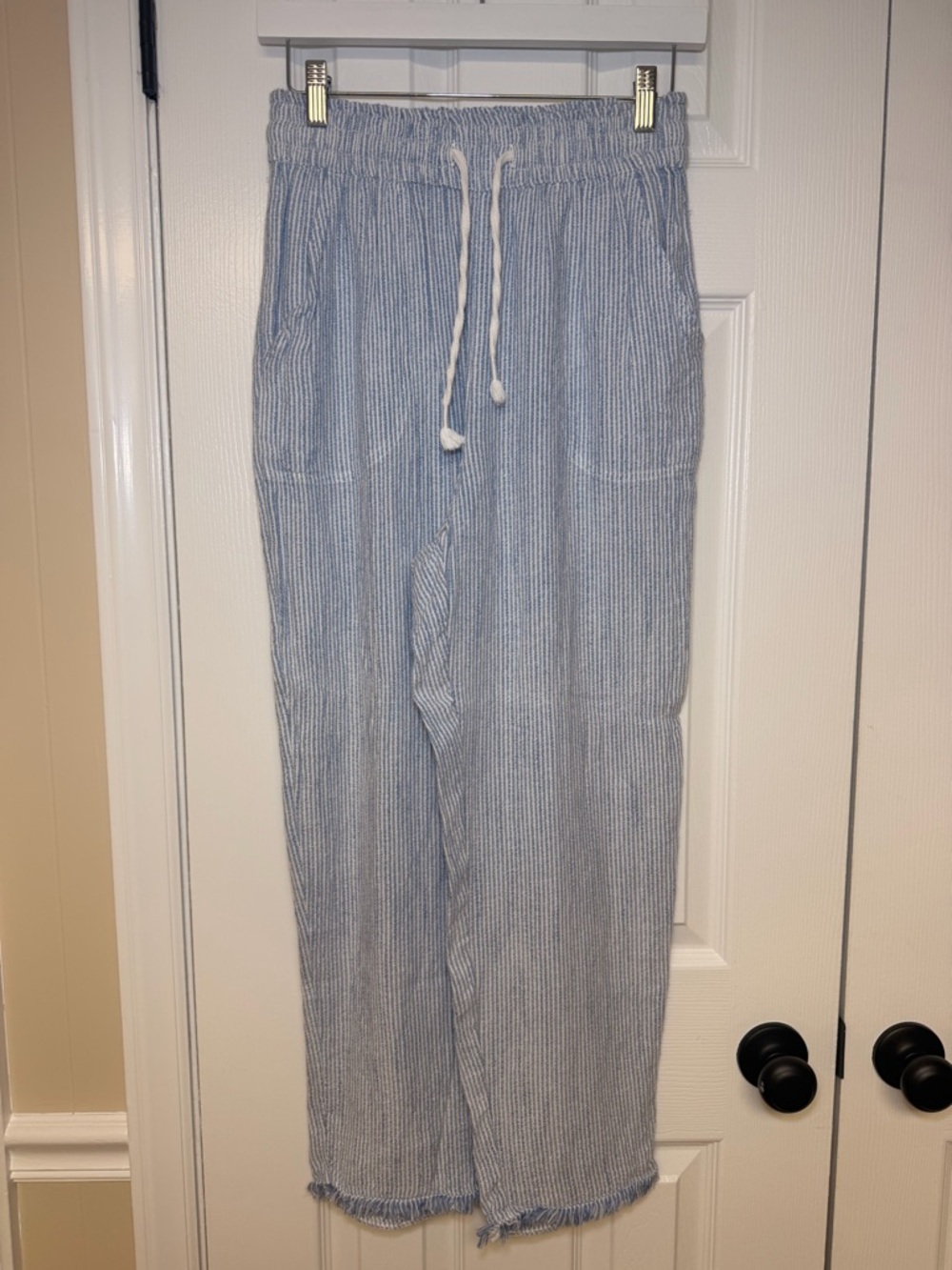 Aerie Striped Beach Pants Blue White Coastal Boho Drawstring Tapered Small Beach
